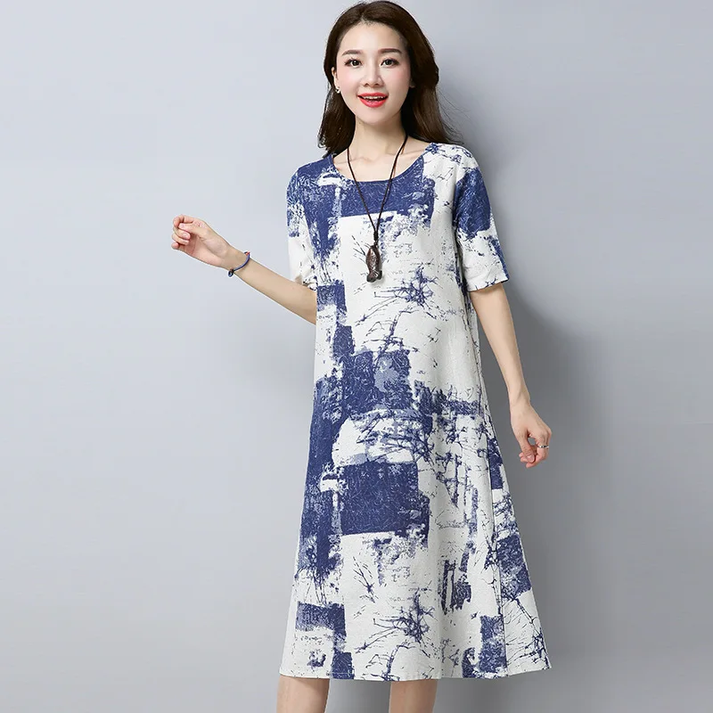 

2019 Summer New Style Literature And Art Retro Printed Large Size Dress Mid-length Crew Neck Cotton Linen Short-sleeve Dress Wom