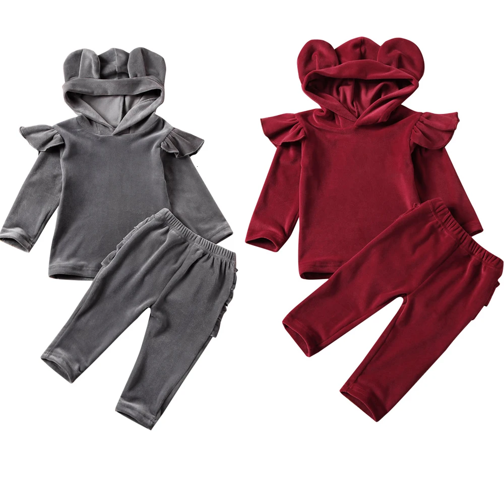 Бархатный зимний плотный комплект одежды для девочек, Детский комплект для отдыха, толстовка с капюшоном, спортивный костюм, От 1 до 6 лет