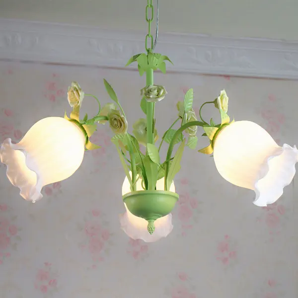 

American European Style Restaurant Iron Pink Rose Ceramic Flowers Korean Children's Room Pendant Light hanglamp