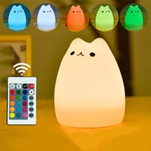 

USB Rechargeable Colorful Cat LED Night Lights Touch Sensor Remote Control Cartoon Silicone Bedside Lamp for Children Baby Gift