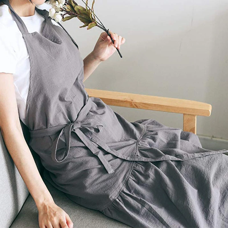 

NEW-Retro Long Vintage Apron Adjustable Fishtail Style Gardening Work Cotton/Linen Blend Fashion Tie Apron Women'S Dress Girl (A