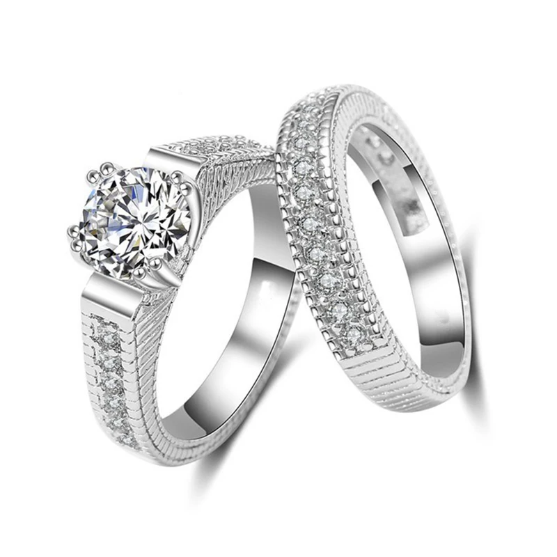 Conjunto de 2 anillos de compromiso de lujo para mujer, color plateado, joyería de regalo de Navidad R606
