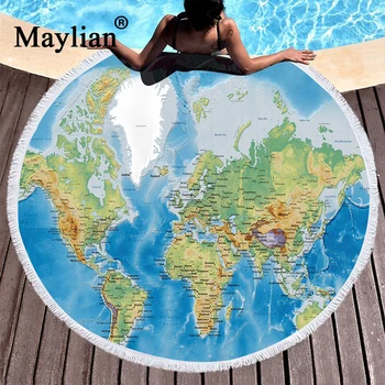 

Yoga Mat Large Round Beach Towel Adults Boys With Tassel World Map Summer Bath Towel Printed Microfiber 150cm T91