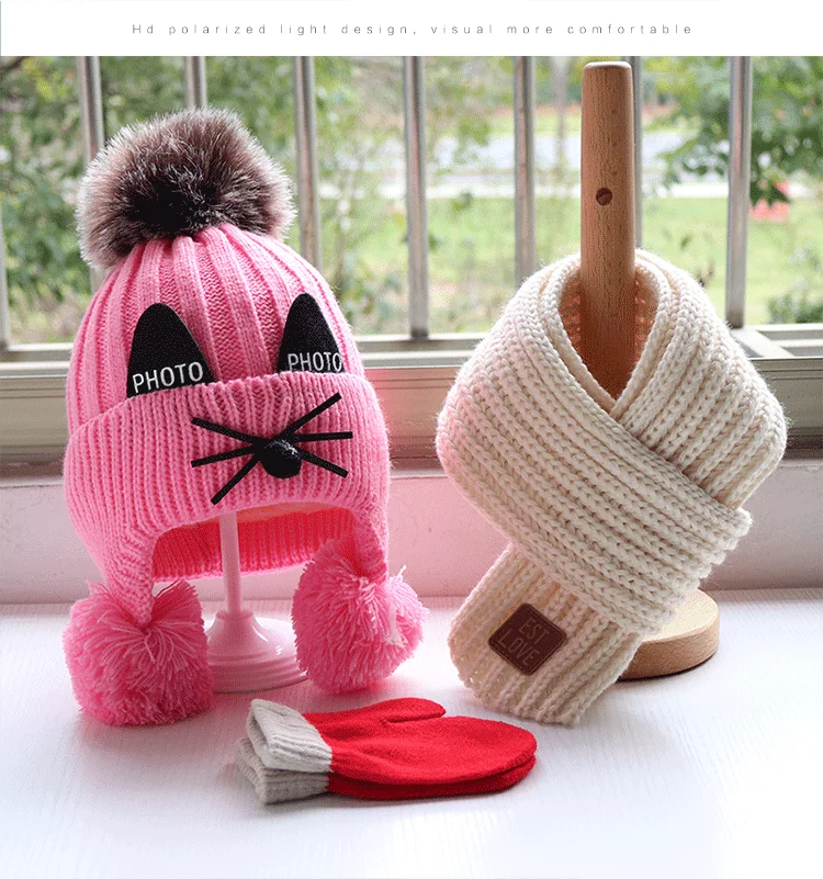 Children's hat scarf gloves three-piece set Boys and girls lovely knitted woollen hats Baby wool hat scarf  Lovely thick hat