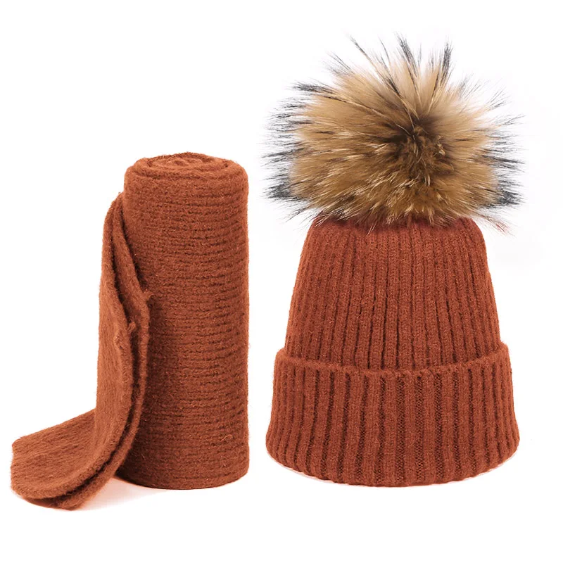 Настоящий натуральный мех вязаная шапка с помпоном зимний теплый шарф Детская шапка и шарф для девочек и мальчиков комплект из двух предметов теплая шапка куполообразная - Цвет: F