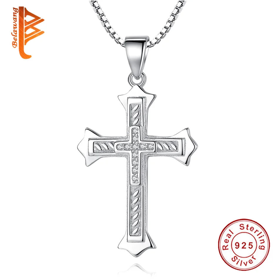 

2018 New Genuine 925 Sterling Silver Crystal Necklace Women Classic Cross Silver Pendant Necklace Female Gift Jewelry