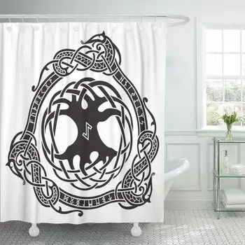 

Shower Curtain Waterproof 72"x72" Polyester Norse Yggdrasil Scandinavian Design The Tree in Nordic Pattern Viking Ancient Battle