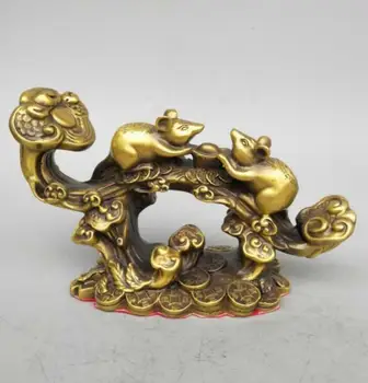 

China carving Pure brass ganoderma coin mouse wealth statue