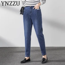 YNZZU винтажные джинсы с высокой талией женские новые синие повседневные женские джинсы из денима шаровары женские свободные Брюки Большие размеры AB218