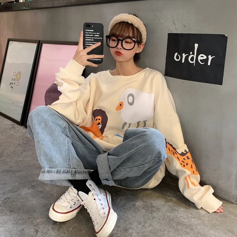 Milinsus Girls Student Lovely Cartoon Animal Printed Sweatshirts O-Neck Long Sleeve Kawaii Winter Tops Sudaderas Para Mujer