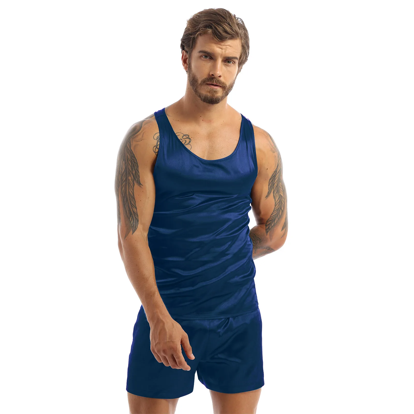 Men Satin Underwear Pajamas Nightwear Sleeveless Tank Top Shorts Sleepwear Nightclothes Summer Nightgown Loungewear Nightwear mens flannel pajamas set