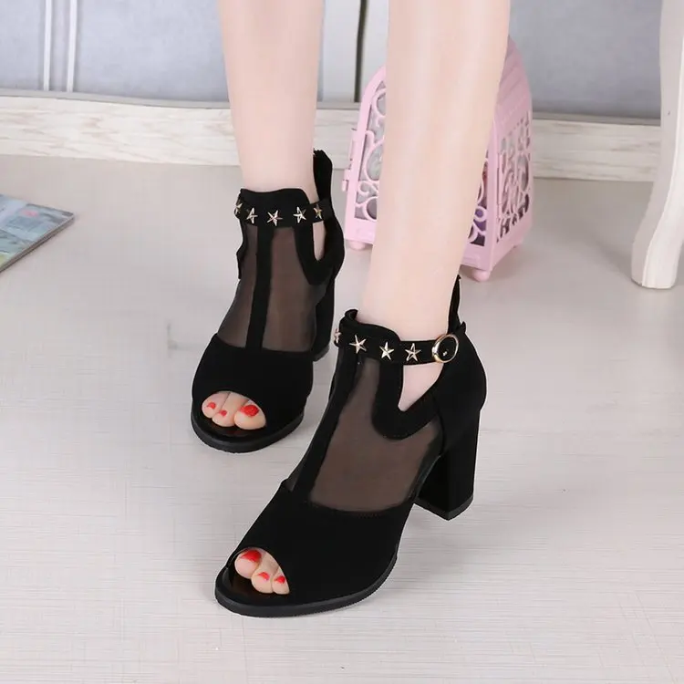 

Summer Fashion Sandals New Style Western Style Gauze Sandal Boots Breathable Fish Mouth Chunky-Heel Star Buckle after Zipper