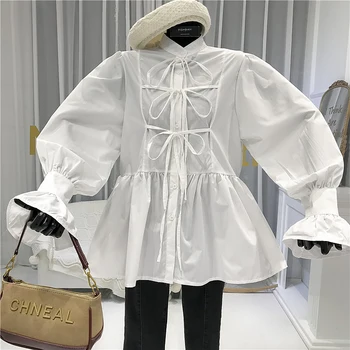 

2020 Spring Cute Lace Up Long-sleeved Bow Tie Shirt Fashion Women Clothing Loose Shirt Women's Blouse Tops Puff Sleeve SA579S30