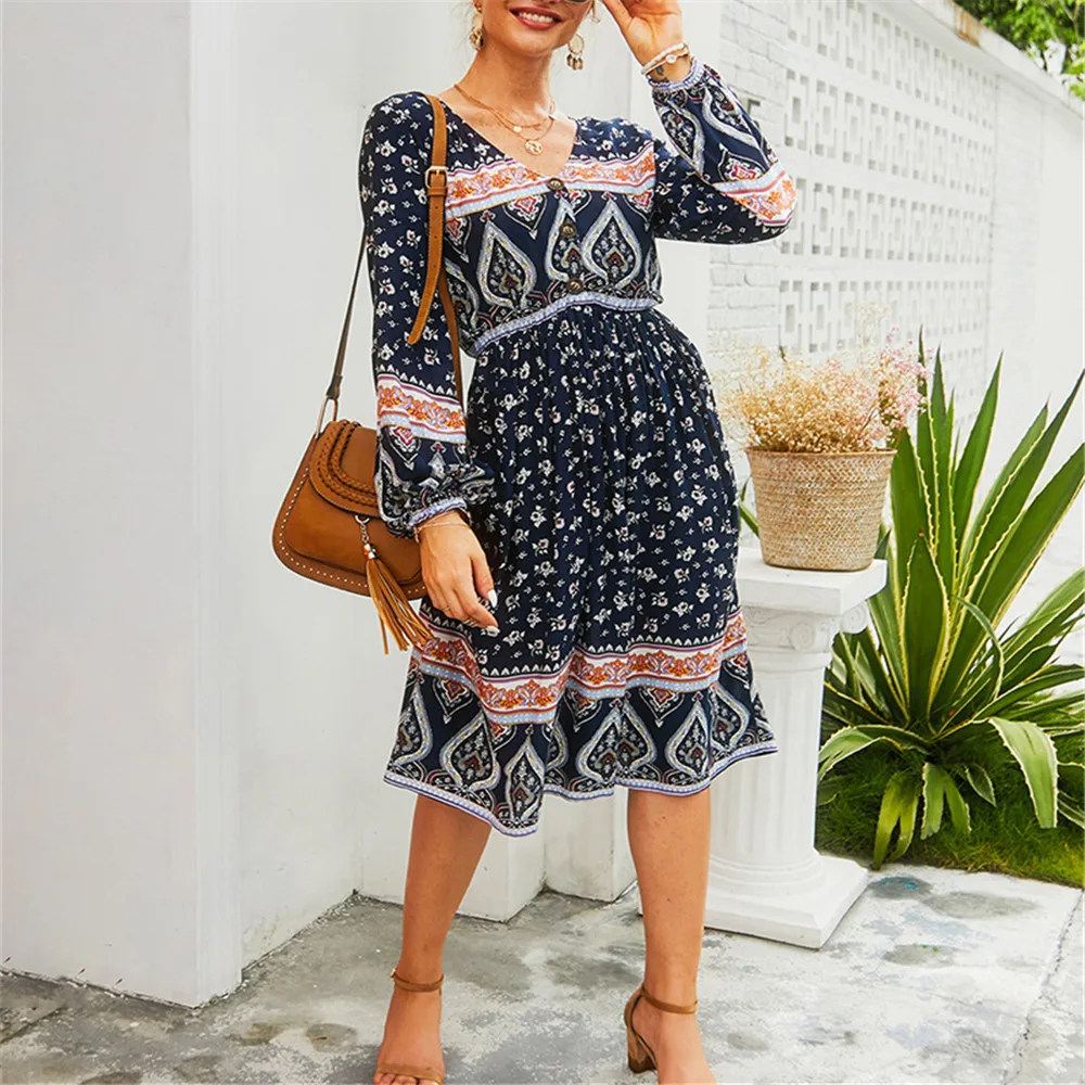 Женские богемные платья с принтом на пуговицах v-образным вырезом длинным