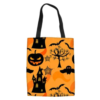 

Customized Halloween Pumpkin Ghost Skull Bat Print Tote Bag For Women Casual Handbags Canvas Shopping Traveling School Bags