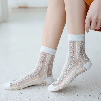 

Elegant Women Summer Transparent Invisible Socks Linen Pattern Retro Stitching Small Floral Short Socks носки короткие W3