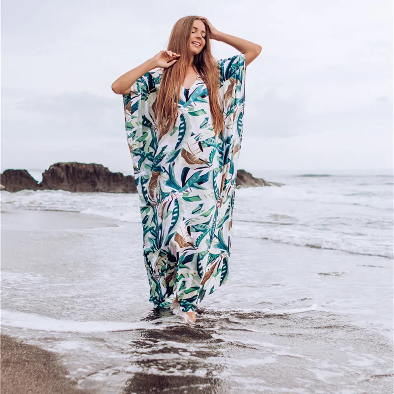 

Beach Dress Pareo Saida De Praia Women's Swimwear Tunic Female Swimsuit 2020 Cover Ups Cotton White Bottom Leaf Print Skirt