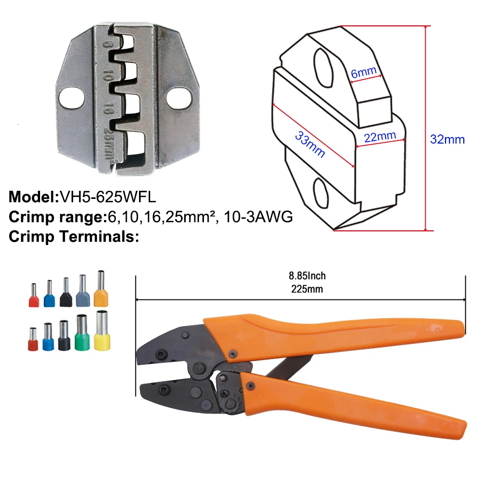 Обжимной инструмент 225 мм трещотка провода щипцы и сменные штампы для термоусадочных разъемов неизолированные наконечники - Цвет: 625WFL