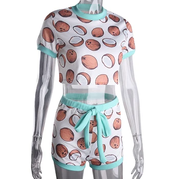 

2pcs Sets Women Coconut Candy Print Fashion Causal Summer Suits Short Sleeve Crop Tops Skinny Shorts Tracksuit