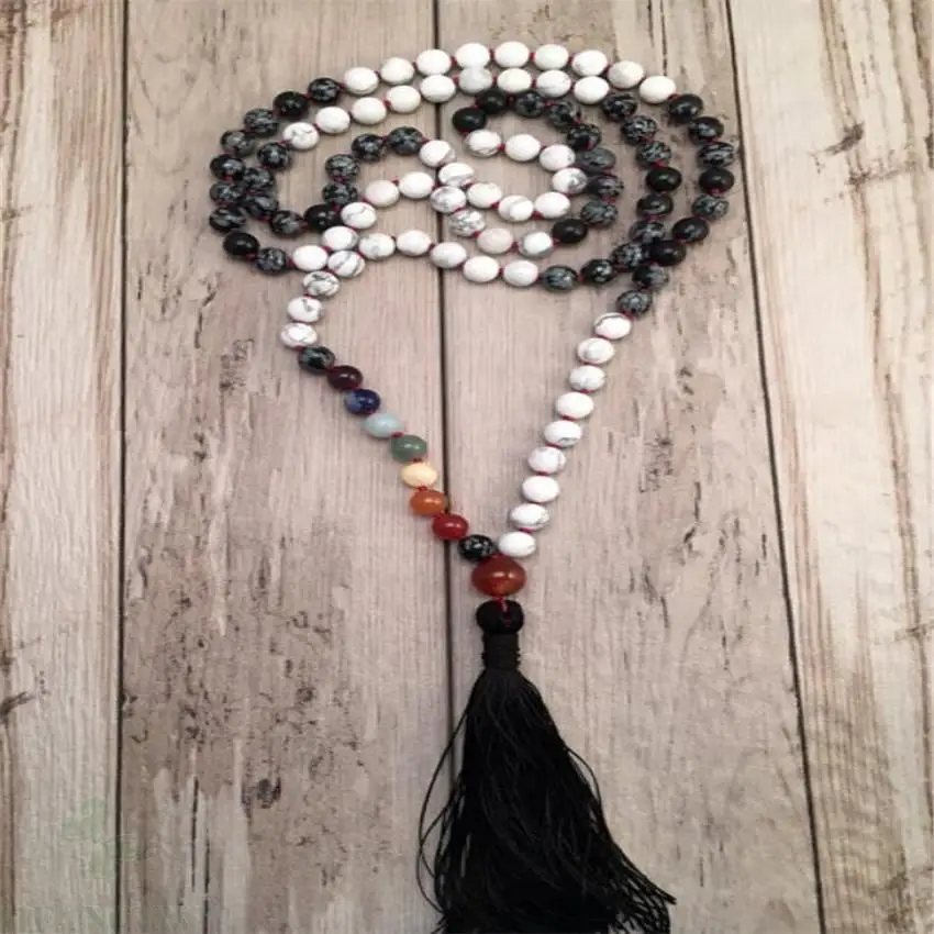 8mm Howlite Alabastro 7 Chakras Gemstone Tassel Mala necklace Healing Wrist Unisex Reiki Lucky Stress chain MONK