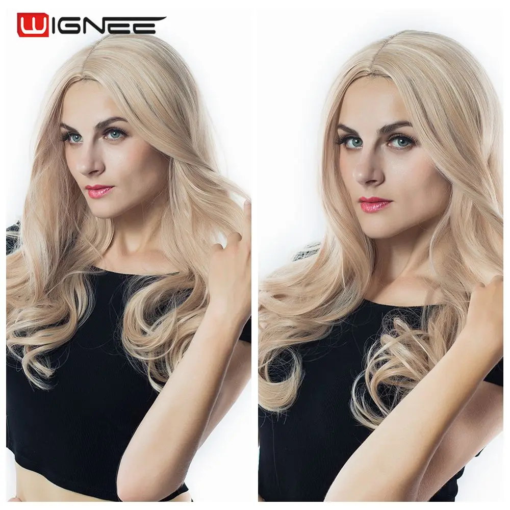 Wignee 2 тон Ombre волосы средней части синтетический парик для Для женщин натуральный черный, чтобы розовый высокой плотности Температура