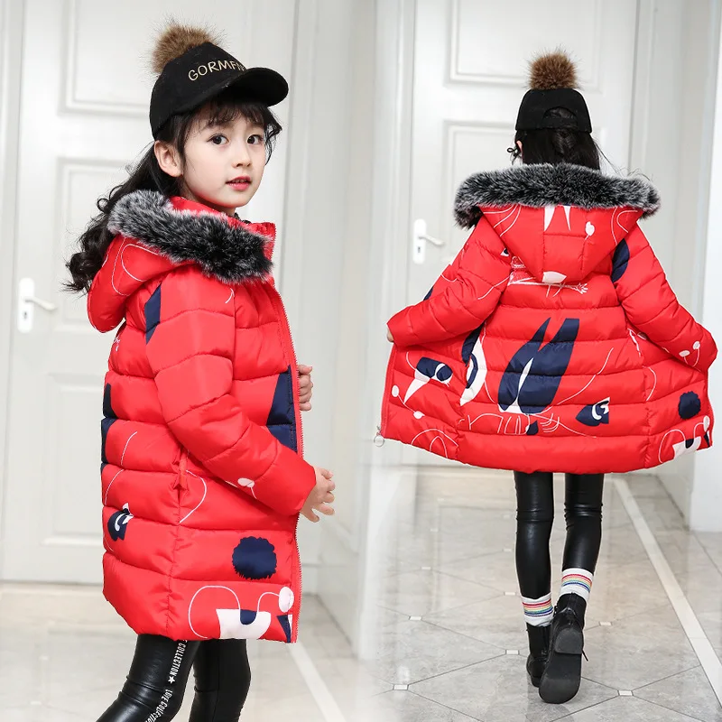 Children's Clothing Winter Fur Jacket for Girls Warm Hooded Thick Cotton-Padded Long Coat Children Winter Outerwear Fashion - Цвет: Red