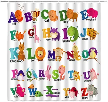 

Waterproof Fabric Shower Curtain Cute Animal Alphabet Shower Curtain Home Bathroom Item Bathroom Shower Curtains &12 Hook