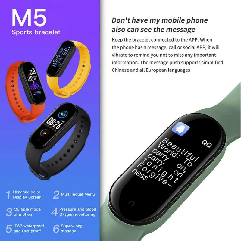 M5 Smart Band IP67 Waterproof Sport Watch Men Woman Blood Pressure Heart Rate Monitor Fitness Bracelet For Android IOS | Электроника