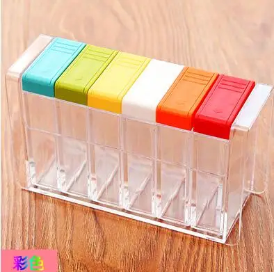 B Transparent plastic 6 grids seasoning storage box Container salt and pepper mill spice rack condiment set kitchen accessories - Цвет: B