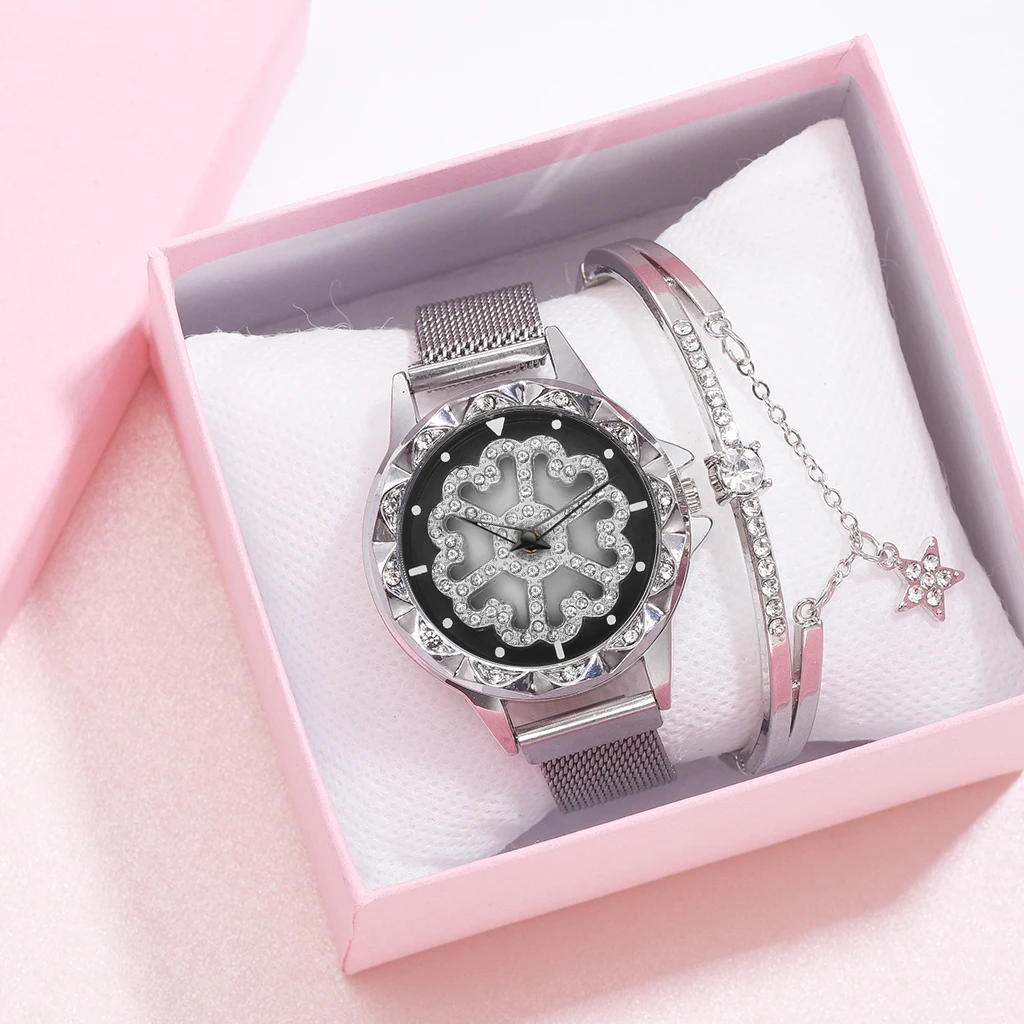 Watch And Bracelet Роскошные женские часы из розового золота, специальный дизайн, 360 градусов вращения, бриллиантовый циферблат, сетчатый магнит, звездное небо, женские кварцевые часы - Цвет: Watch And Bracelet