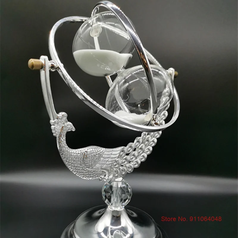 White Sand Clock Metal Peacock Globe Rotating Hourglass 30 Minutes Time