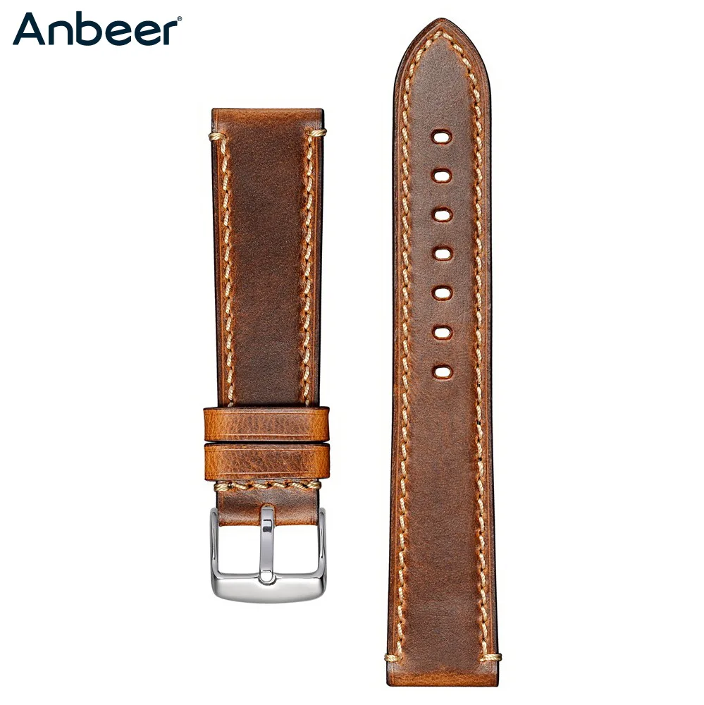 

Anbeer Vintage Watchband 18mm 20mm 22mm 24mm Germany Crazy Horse Leather Watch Strap Retro Saddle Style Watch Band Belt