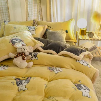 

4Pcs Set Bedsheet Printed Thermal Solid Color Velvet Kit Bed Sheet Duvet Cover Pillowcase Soft Comfortable Home Textile Products