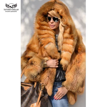 

2019 Fashion Red Fox Fur Coat With Hood Luxury Women Winter Thick Warm Natural Fox Fur Jacket Full Pelt Real Fur Woman Coats