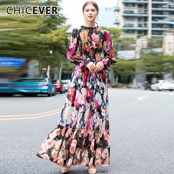

CHICEVER Vintage Print Pleated Dress Women O Neck Flare Sleeve High Waist Tunic Maxi Plus Size Female Dresses 2020 Fashion New