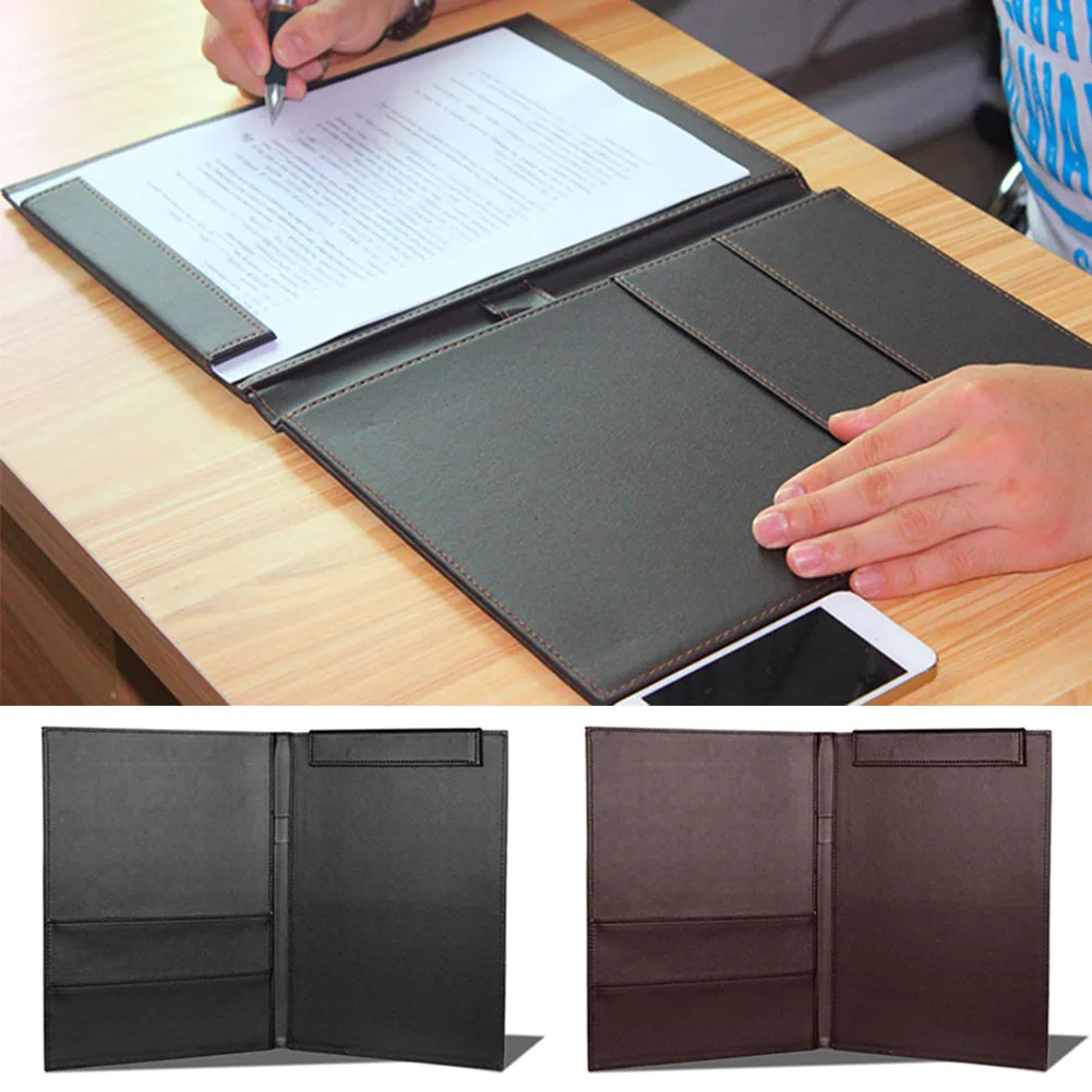 

Portable A4 School Documents Bag File Folder Clip Board Business Multifunction PU Leather File Folder Storage Organizer Office