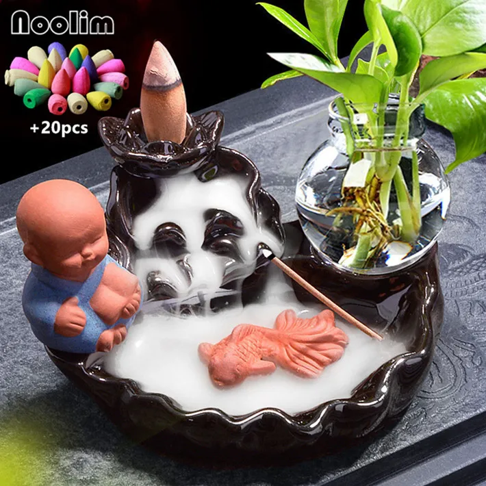 With 20pcs mixed-D Керамический маленький монах курильница для благовоний горелка печь для ароматерапии Творческий лотоса рыба подставка для ароматических палочек+ 20 шт Бесплатные конусы - Цвет: With 20pcs mixed-D
