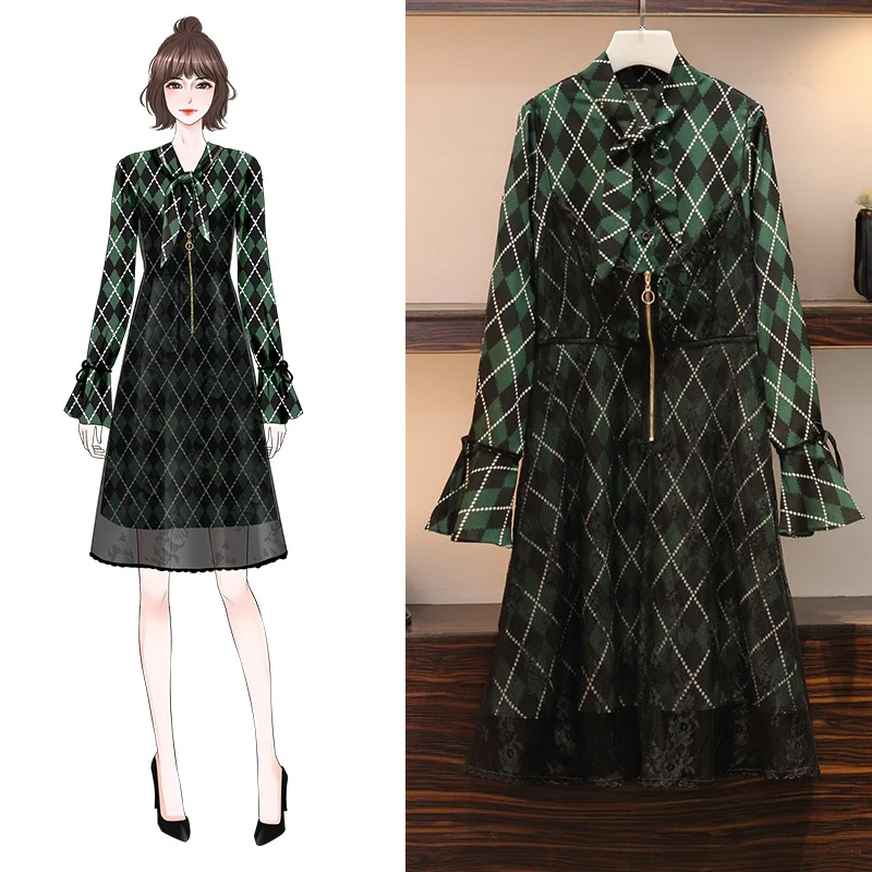 

Autumn 2019 New Large Size Women's Fat M-lace Stitching Westernized Lean Meat Covered Fake Two-piece Dresses