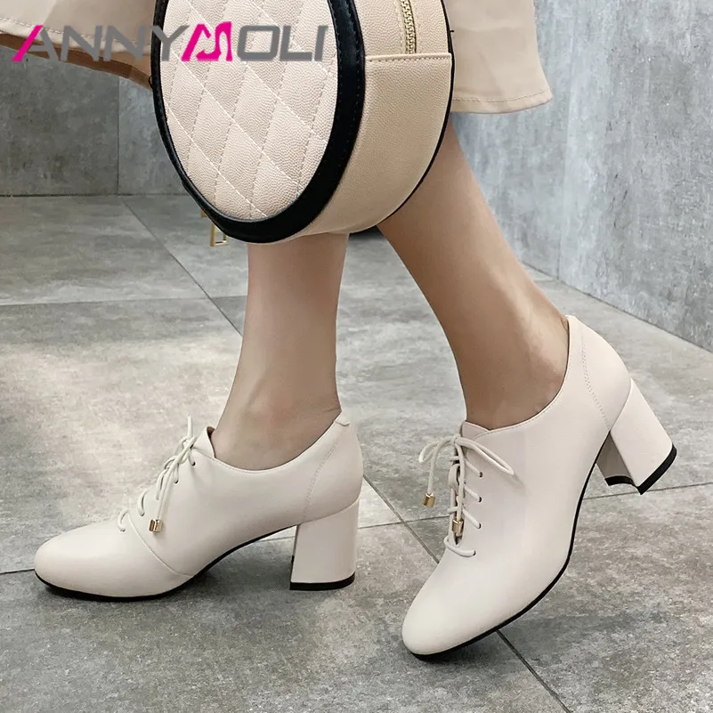 

ANNYMOLI High Heels Women Pumps PU Leather Chunky High Heel Derby Shoes Casual Lace Up Round Toe Shoes Ladies Red Big Size 33-43