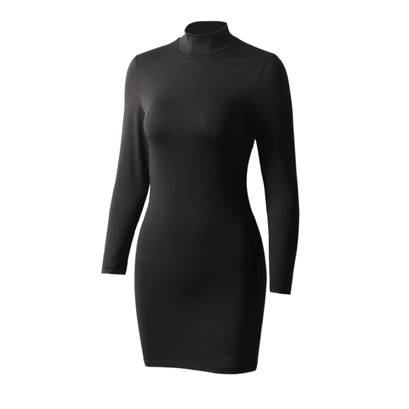 SALSPOR Pack облегающее черное платье с высоким воротом, женское сексуальное мини облегающее платье с длинным рукавом, Женские однотонные эластичные платья