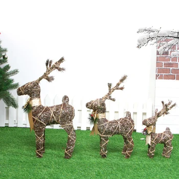 

3pcs Christmas Iron Wire Deer Decoration Hemp Pine Needles Elk Outdoor Yard Party Decor Deer Xmas Sculpture Table Ornaments