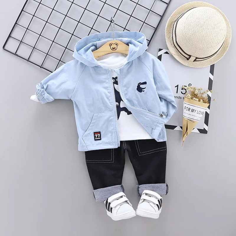 fashion baby boy clothing dinosaur pattern 3pieces set Jacket t-shirt pants fall clothes for toddler children hooded coat