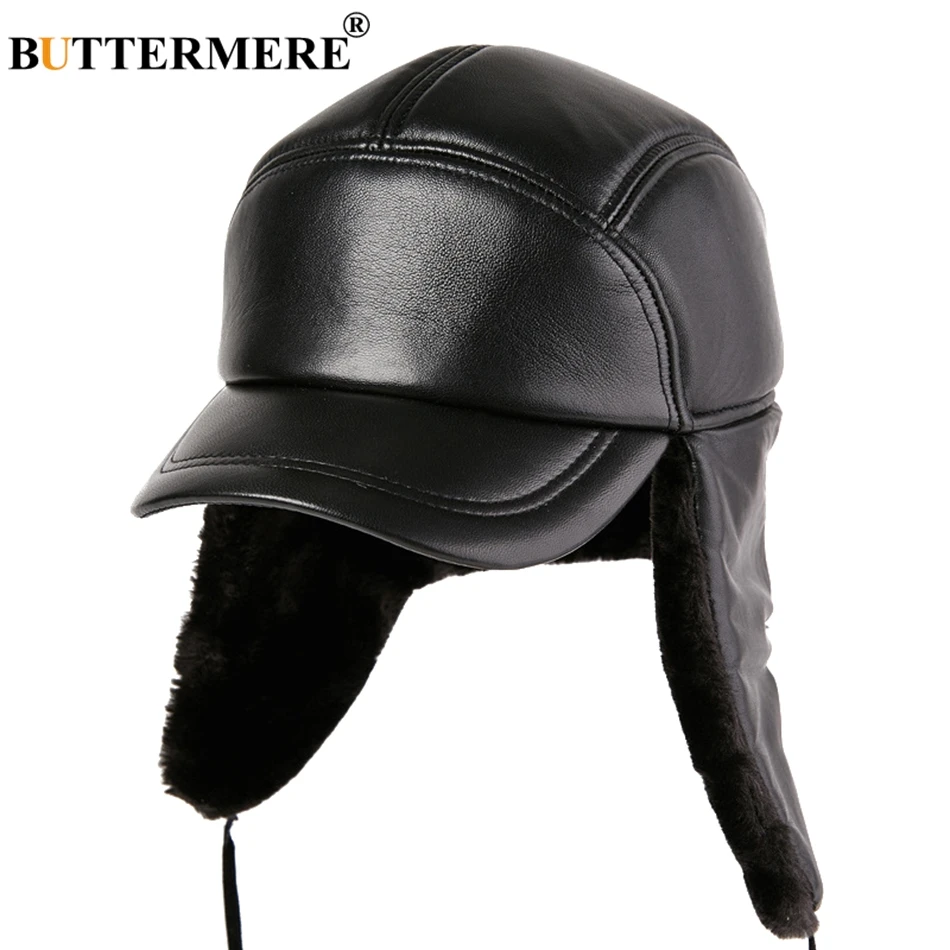 Tanio BUTTERMERE Bomber Hat skórzane czarne męskie czapki Ushanka z