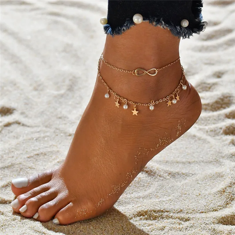 WUKALO New 2 pcs/set Summer Beach Ankle Infinite Foot Jewelry Simulated Pearl Star Anklets ankle bracelets for women WUKALO New 2 pcs/set Summer Beach Ankle Infinite Foot Jewelry Simulated Pearl Star Anklets ankle bracelets for women