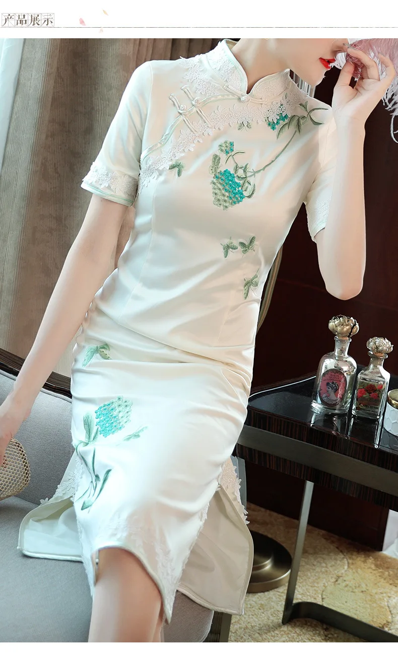 Spring And Summer a Generation of Fat New Style Chinese-style Embroidered Short Sleeve Lace Edge Elegant Slim Fit Cheongsam