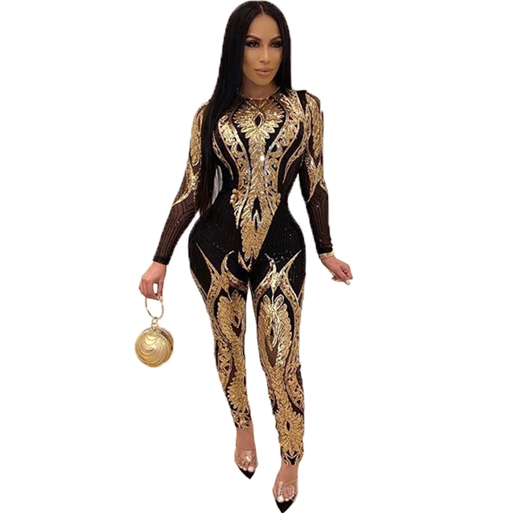 Zoctuo Jumpsuit Women Fashion Gold Silver Sexy Sequin Bodycon See Through Party Club Rompers Tight Jumpsuits Long Pants Tight