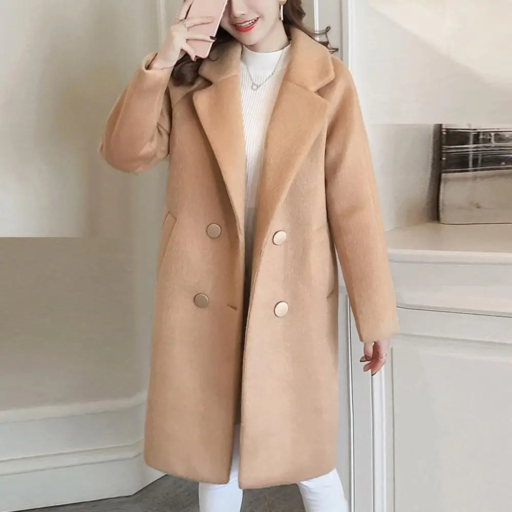 Женская Офисная однотонная зимняя офисная шерстяная куртка на пуговицах с длинным рукавом, пальто, шерстяное простое пальто, элегантное женское длинное пальто
