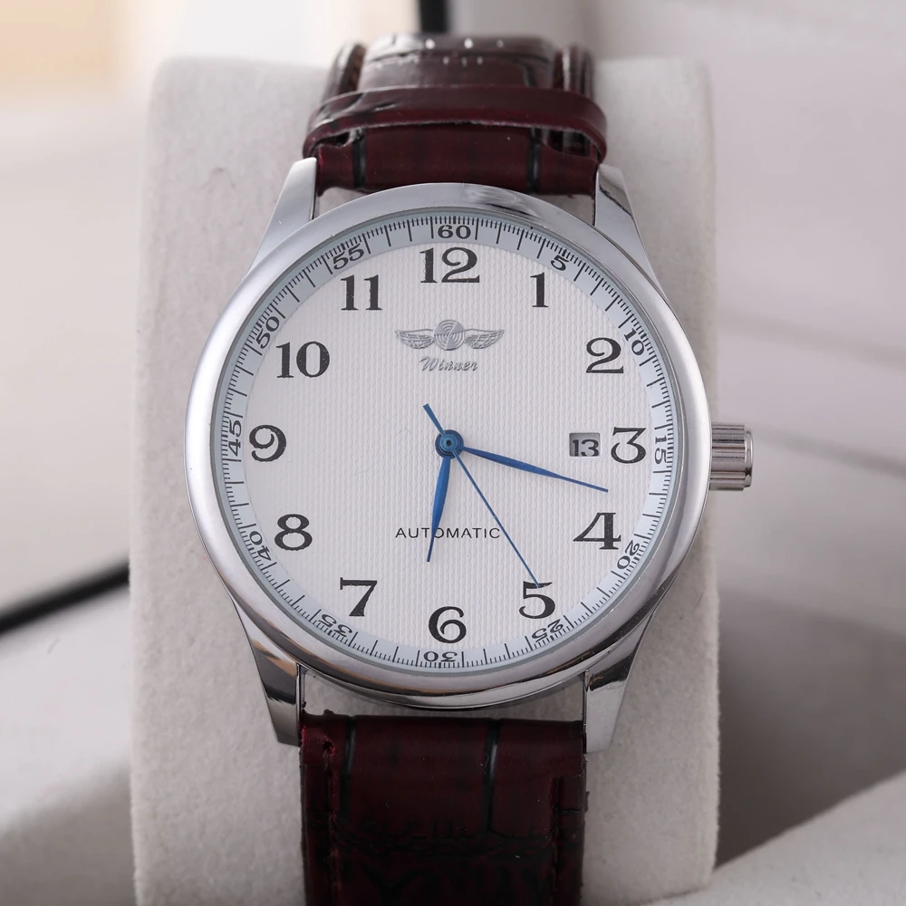 WINNER Watch Automatic Mens Watches Business Classic Auto Date Day Leather Band Skeleton Self-wind Wristwatch 