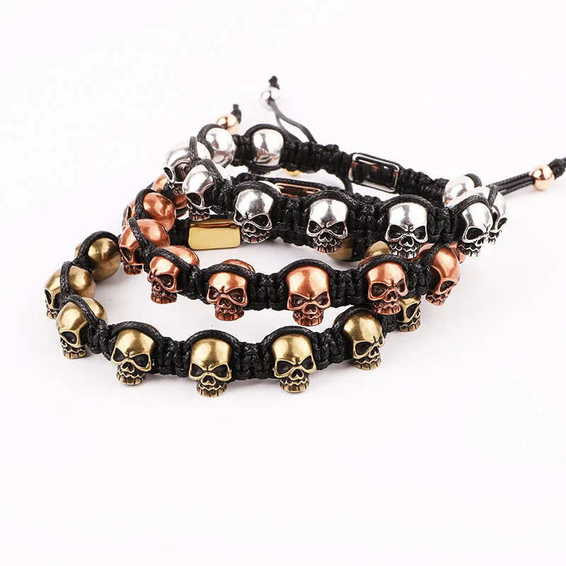 

High Quality Vintage Brass Skull Charm Handmade Briaded Adjustable Macrame Beads Bracelet For Men