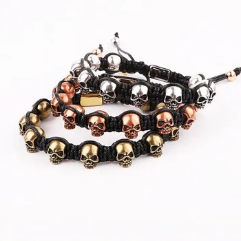 High Quality Vintage Brass Skull Charm Handmade Briaded Adjustable Macrame Beads Bracelet For Men